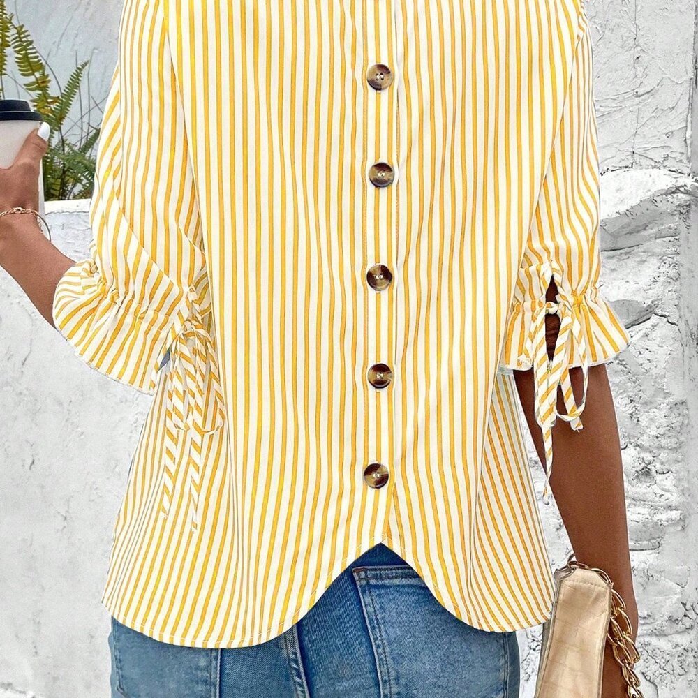 Yellow Casual Women's Striped Button Back Detail Shirt - Picture 2 of 5